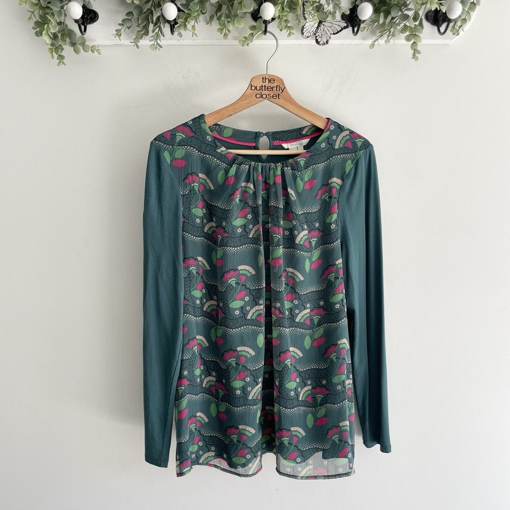 Boden Green Floral Mesh Layered Long Sleeve round neck Blouse Size 10 TT-452